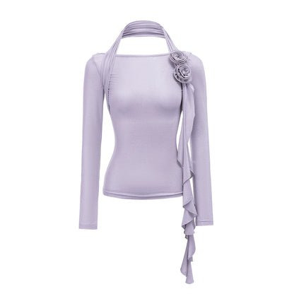 Entanglement Mesh Flower Pleated Off-the-Shoulder T-Shirt