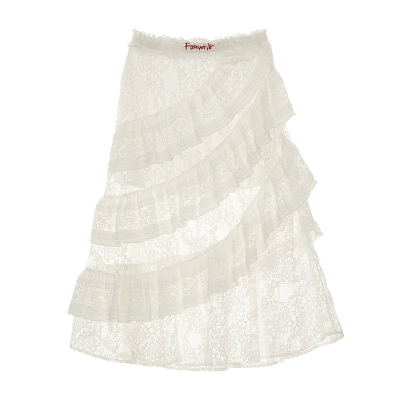 White Lace Layered Midi Skirt