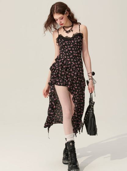 Shao auch Augen schwarz Kleber Berühmtheit kalt königliche Schwester Stil Kleid Frauen Sommer Design Sinn floral langen Rock schwarz sundress