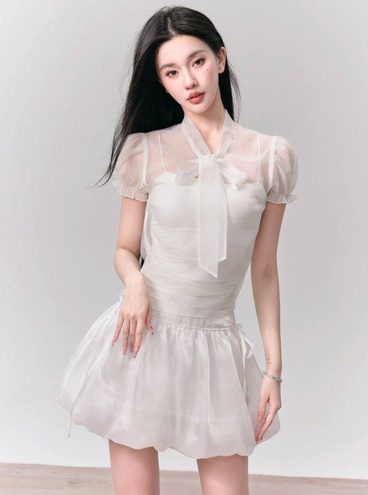 [Spot] fragile shop - vanilla marshmallow Sweet puff sleeve tie-up shirt bud skirt set