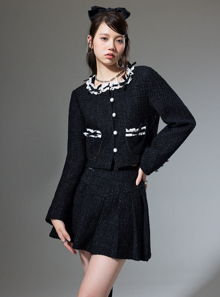 Round neck bow cardigan with pleated skirt set