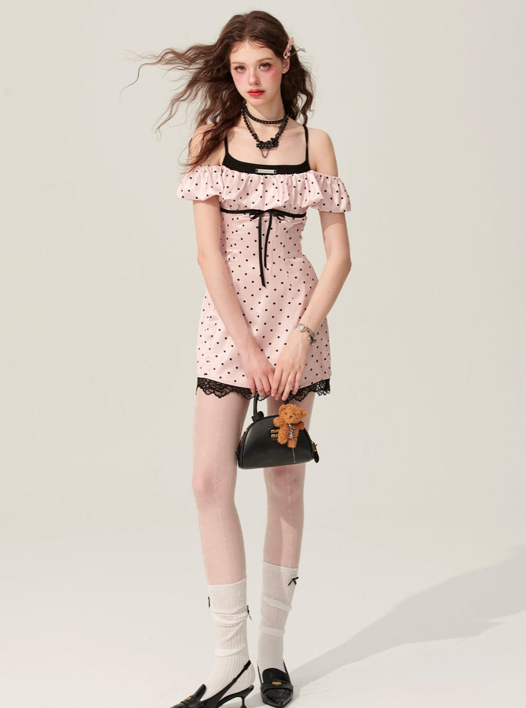 Pink Polka Dot One-Shoulder Dress  UrbanSheek