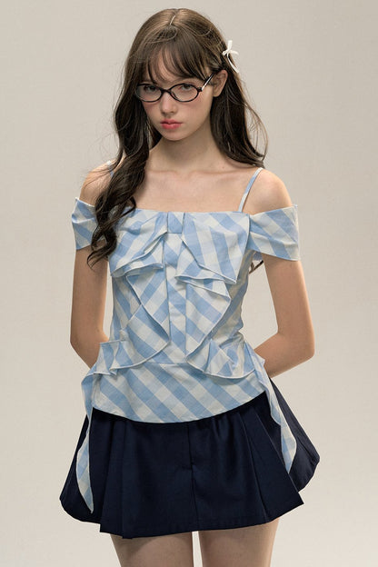 Blue Check Bow Straight Shoulder Top