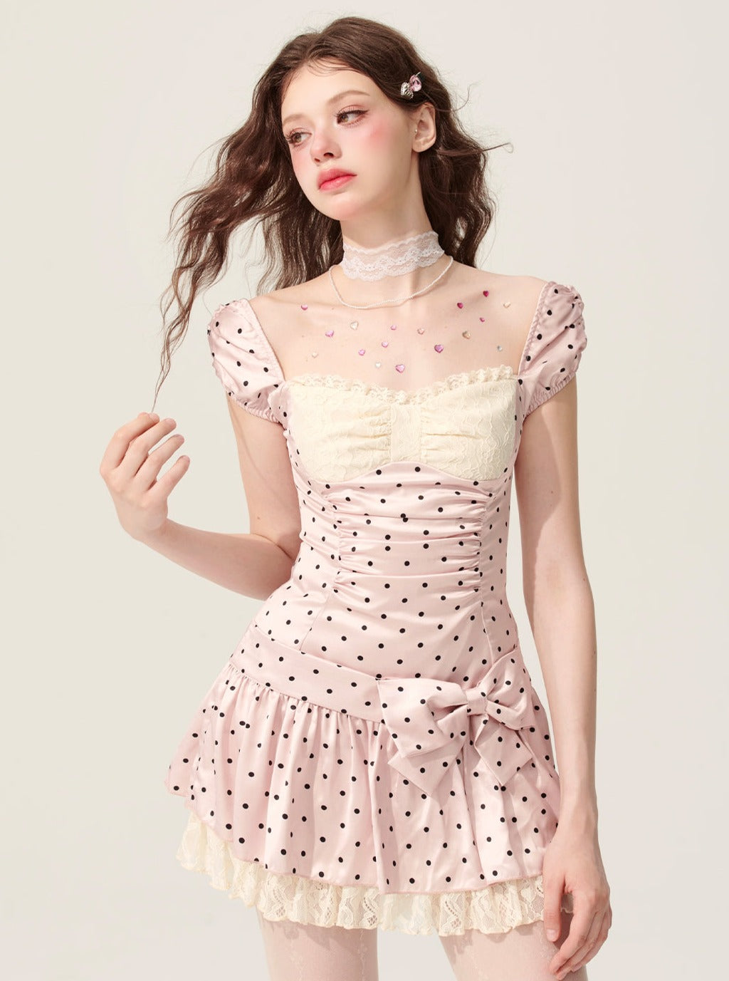 Weniger auch Auge Pulver Nebel Prise weiß rosa Kleid Frauen Sommer Taille a-line dünne Polka Dot Französisch süßen Rock