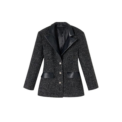 loose pu leather panel lapel blazer jacket