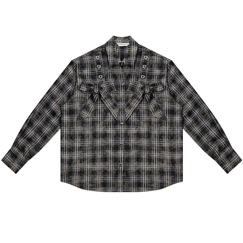 Retro Bow Plaid Brushed Shirt