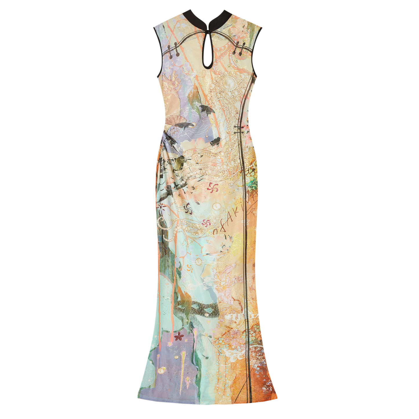 Shoulder-Sleeve Quicksand Print Stretch Cheongsam Dress