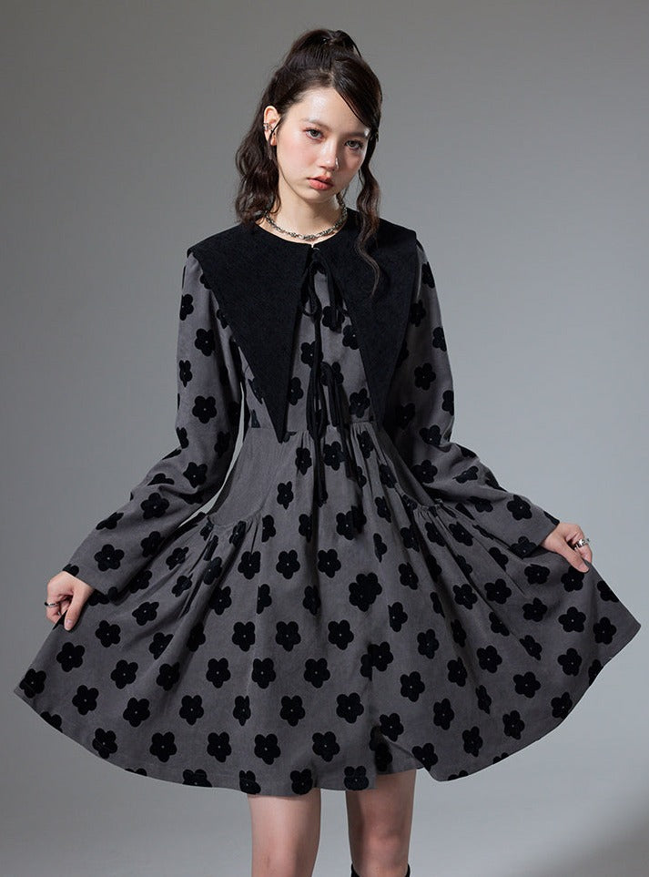 Lapel Waist Flocking Flower Black Dress