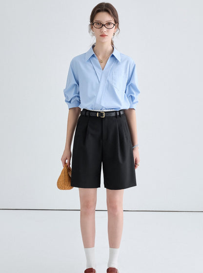 French V-Neck Casual Shirt And Skirt Set-Up