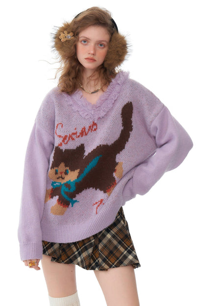 Purple Plush Lazy Cat Sweater