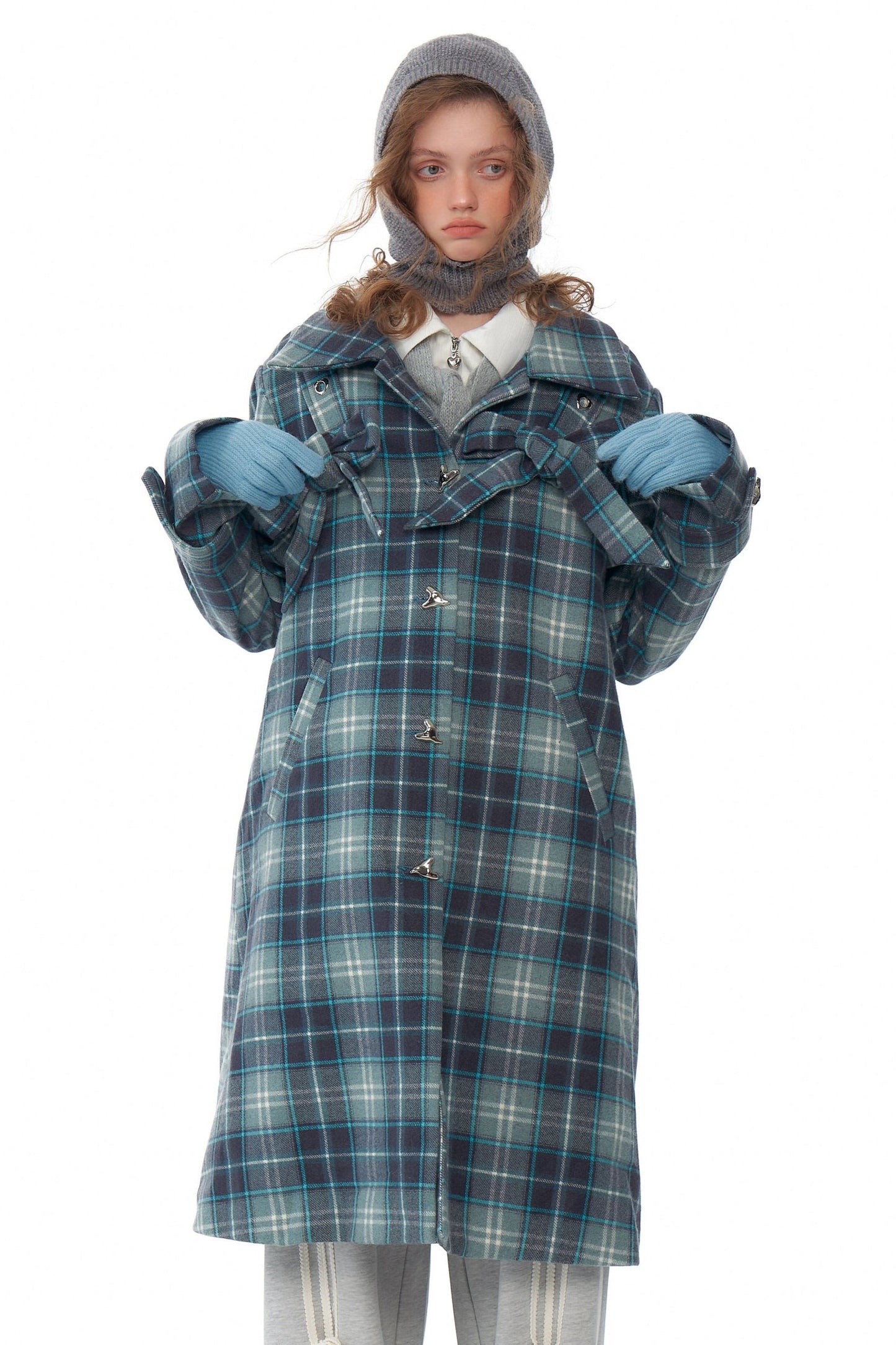 ziziFei autumn and winter American retro sense of luxury mid-length bow blue tartan coat jacket women