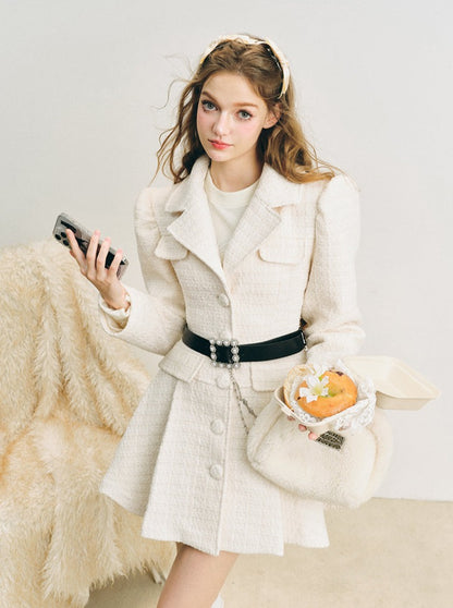 Mid-length pleated waist woolen jacket
