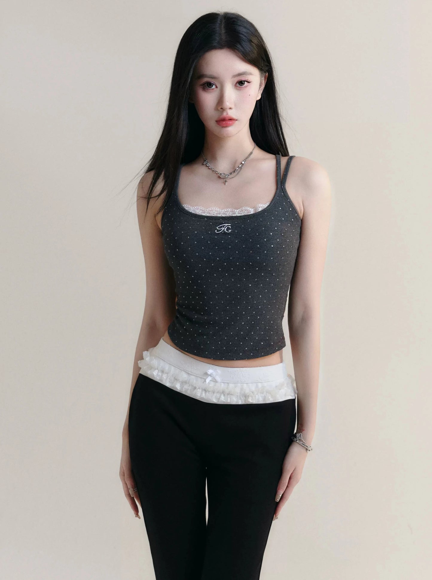 [Spot] fragile store - original polka dot hot silver letter lace edge knitted suspenders to wear sweet and spicy tops