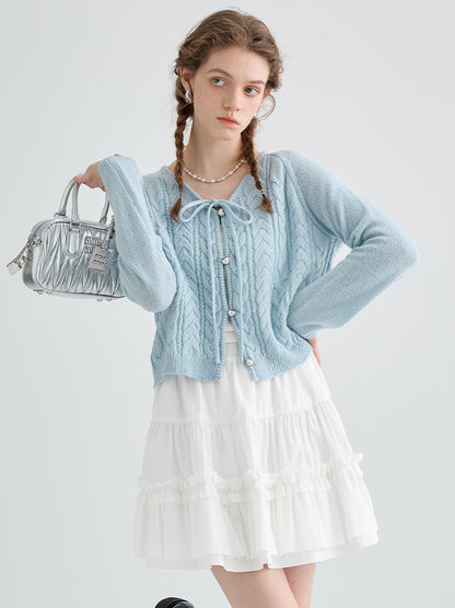 lace-up wool knitted cardigan top