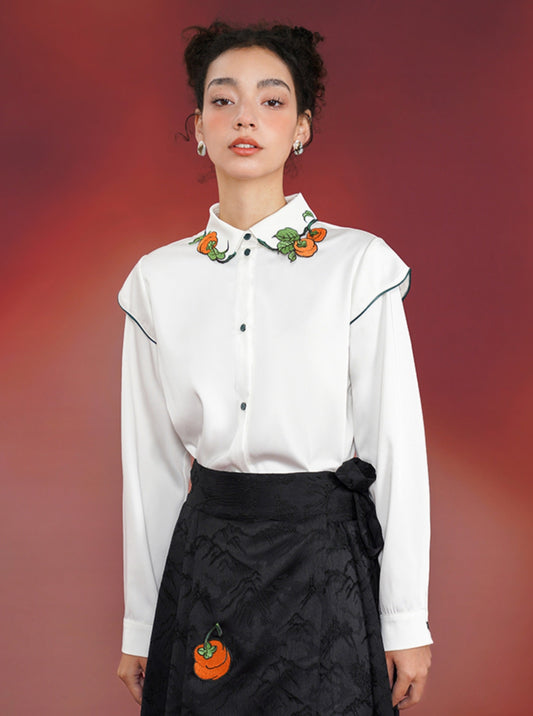 Chinese Style Persimmon Embroidered Shirt