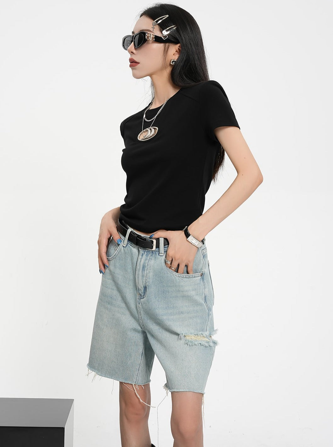 SRYS American Street Metallic Sexy Ausschnitt Cropped T-Shirt Kurzarm Rundhalsausschnitt Hohe Taille Top Sommer Neu