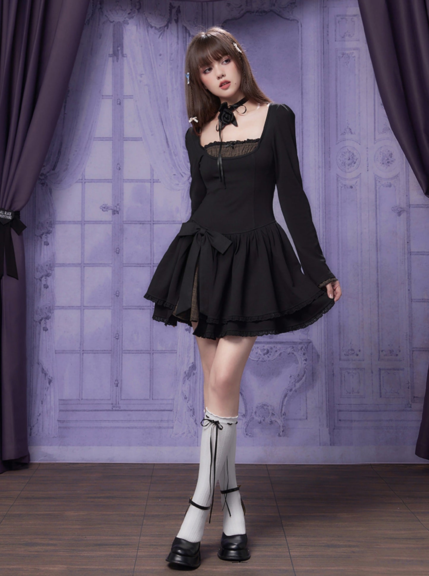 Princess Bow Stitching Long-sleeved Dress