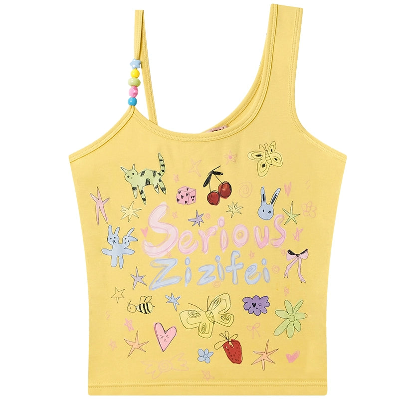 Retro Cartoon Graffiti Beaded Vest Top