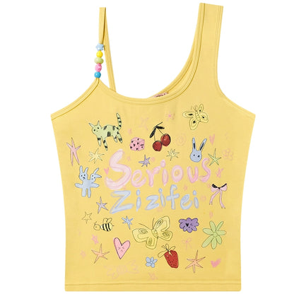 Retro Cartoon Graffiti Beaded Vest Top