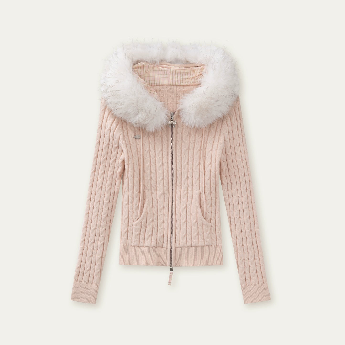 Milk Powder Fur Collar Knit Jacket