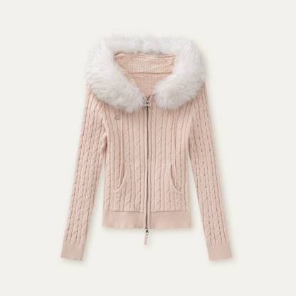 Milk Powder Fur Collar Knit Jacket