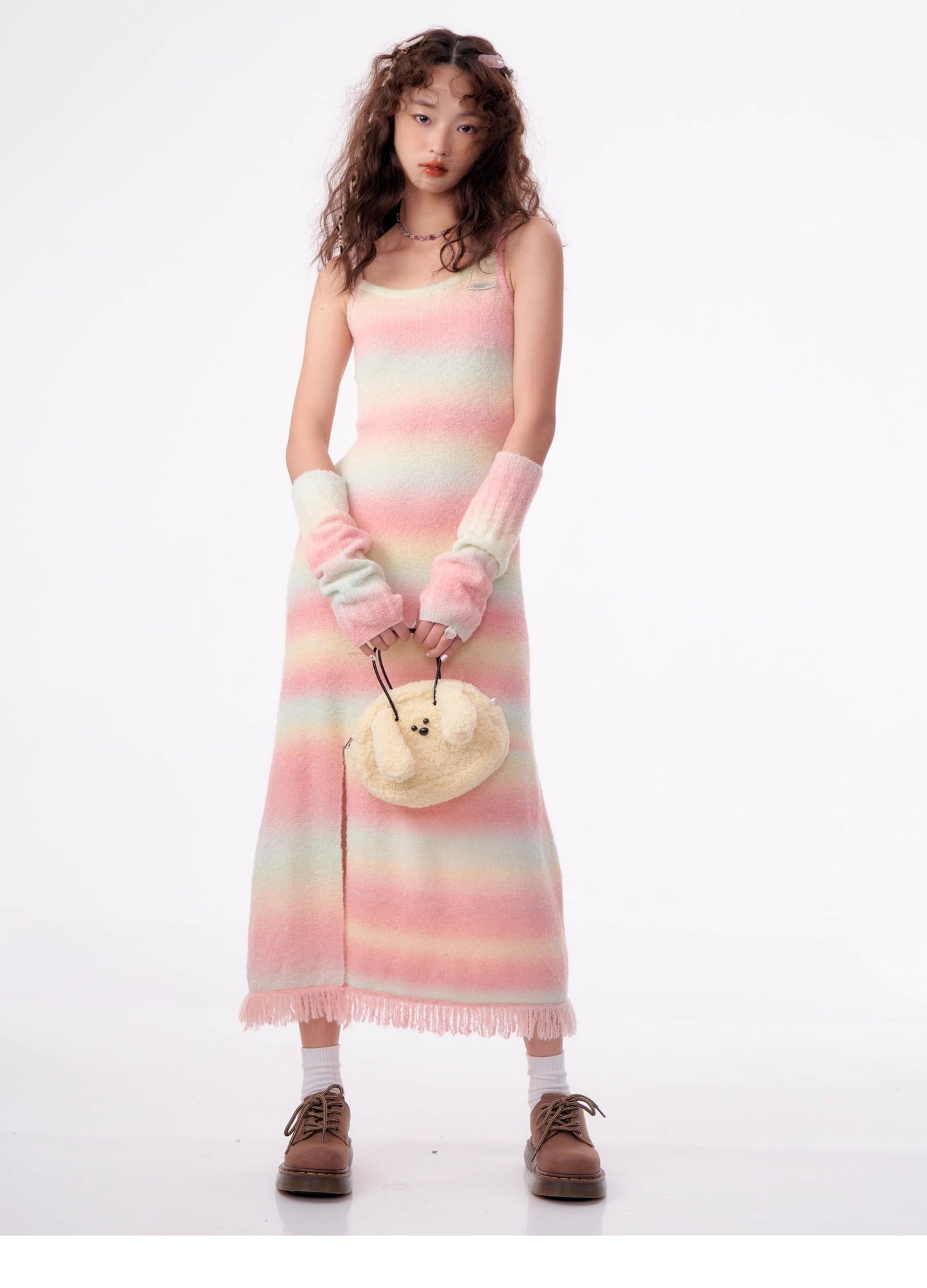 American retro slim rainbow knit bottom long dress