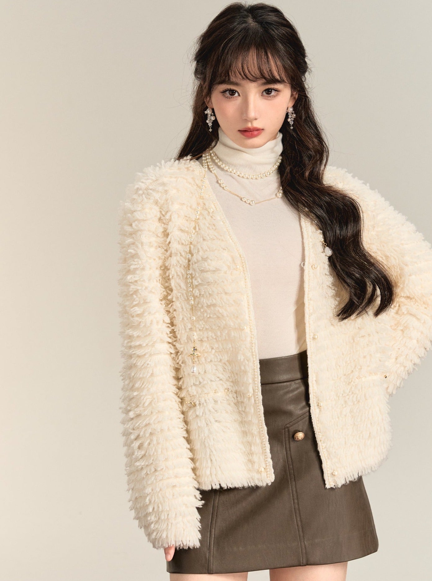 Long Sleeved Beaded Wool Coat