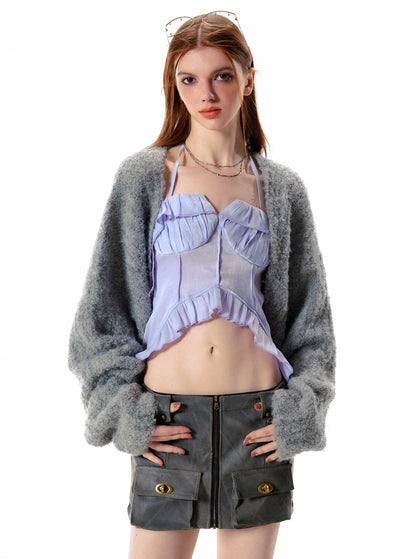 Denim tank top and knitted outer jacket