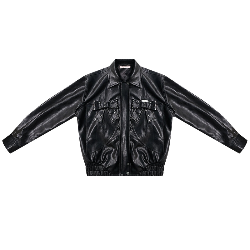 Premium Bow Black PU Leather Jacket