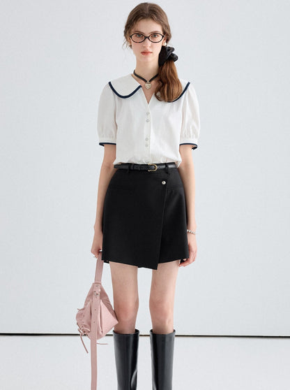 Elegant Contrast Lapel Short Sleeve Top