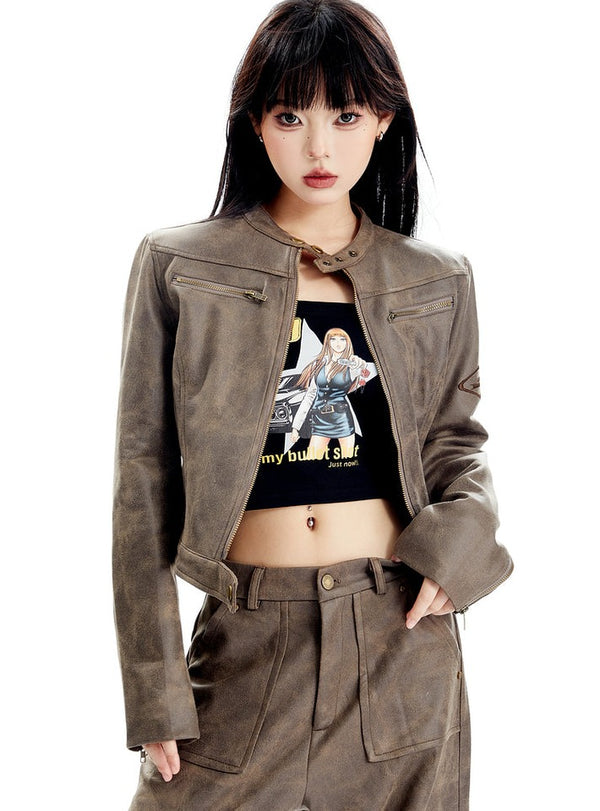 American Vintage Embroidery Short Leather Coat