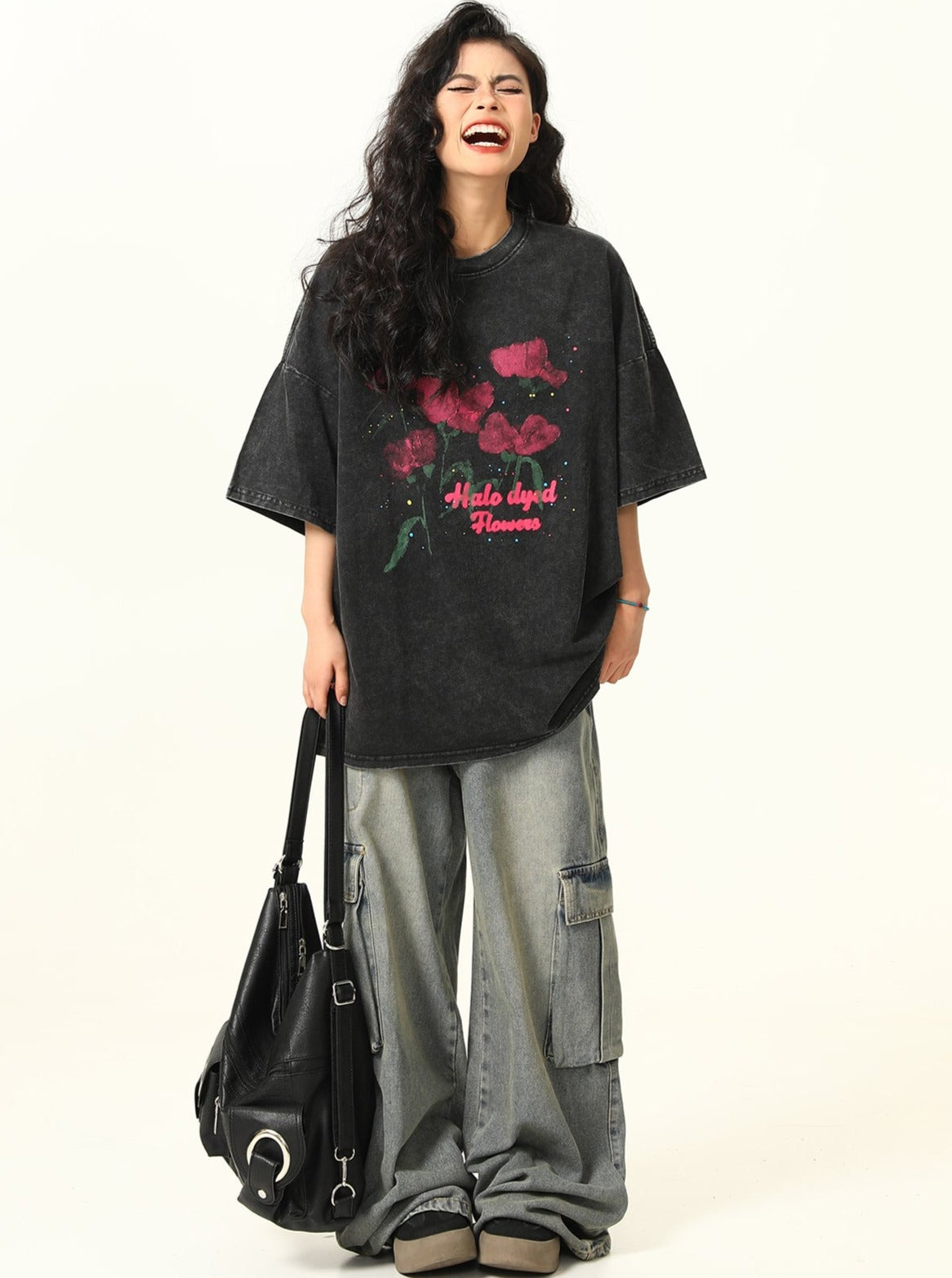 Washed Distressed Rose Print T-Shirt