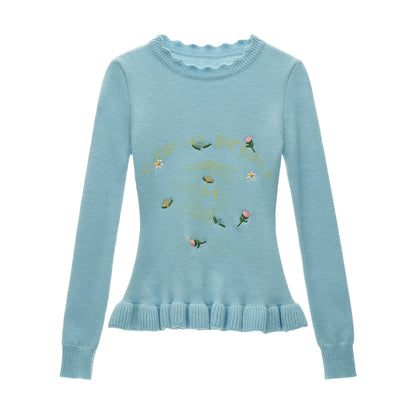 Flower Embroidery Round Neck Sweater