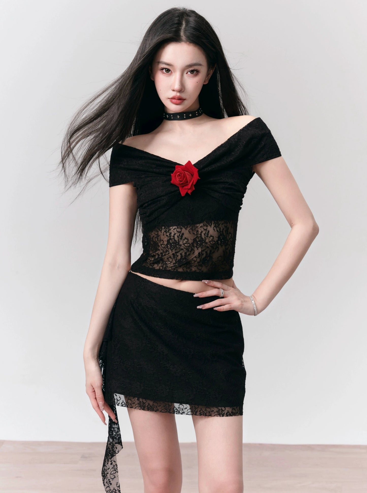 Black Lace One-Shoulder Set