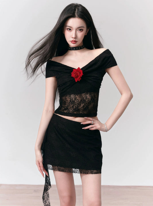 [SNH48 same style] fragile store - Floyd rose black lace one-shoulder short top short skirt