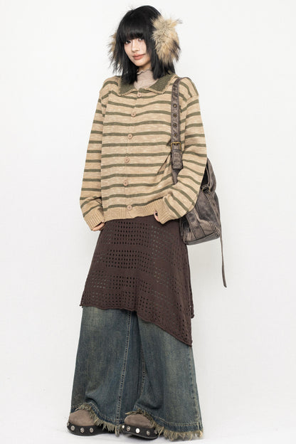 Vintage Striped Lapel Knit Sweater