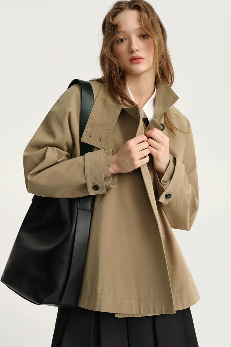 DESIGNER PLUS SHORT STAND-UP COLLAR TRENCH COAT WOMEN'S AUTUMN SMALL TENCEL COTTON SILHOUETTE TEMPERAMENT CASUAL JACKET