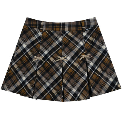 Vintage Bow High Waist Plaid A-Line Skirt