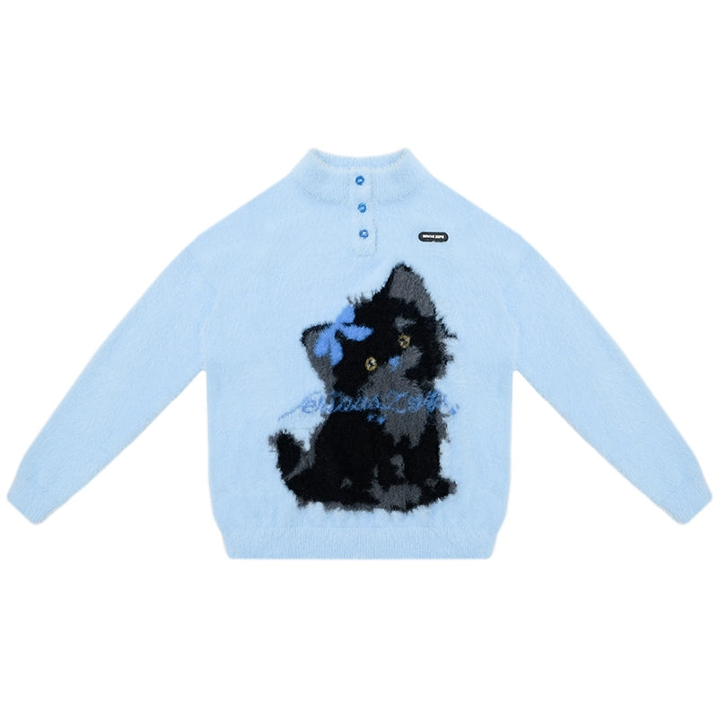 Blauer Katzendruck-Pullover