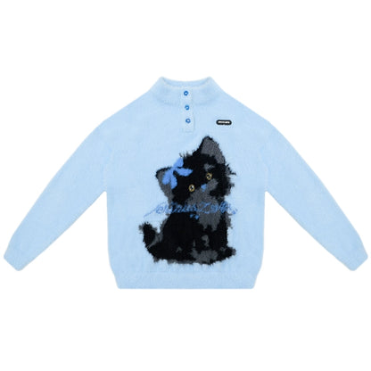 Blauer Katzendruck-Pullover