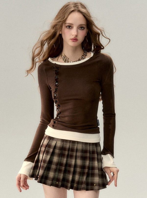 Scoop neck fake two-piece knit T-shirt