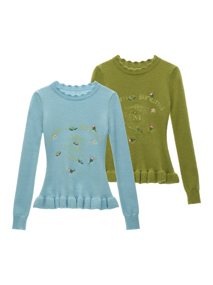 Flower Embroidery Round Neck Sweater
