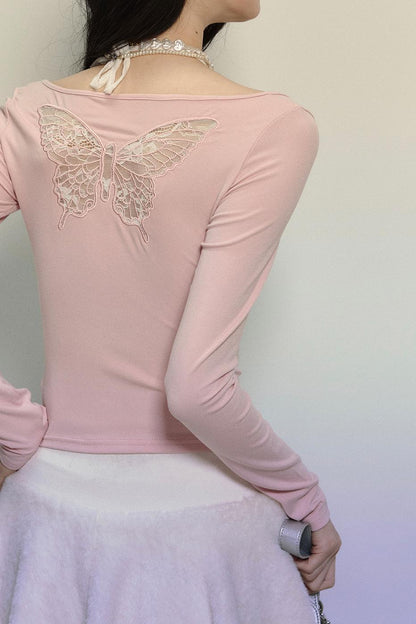 Butterfly Embroidery Long-Sleeve V-Neck T-Shirt