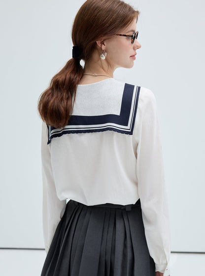 Navy Collar Lace-up Embroidered Shirt