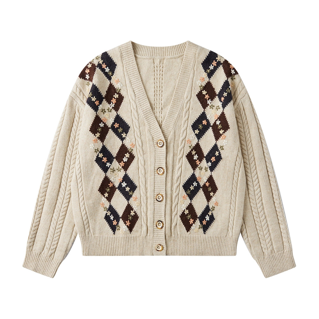 Crochet Retro Preppy V-Neck Knitted Cardigan