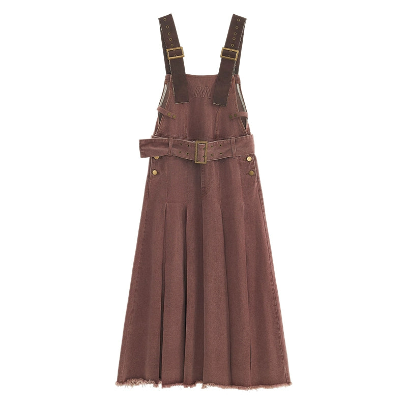 Vintage Denim Pleated Long Bib Dress