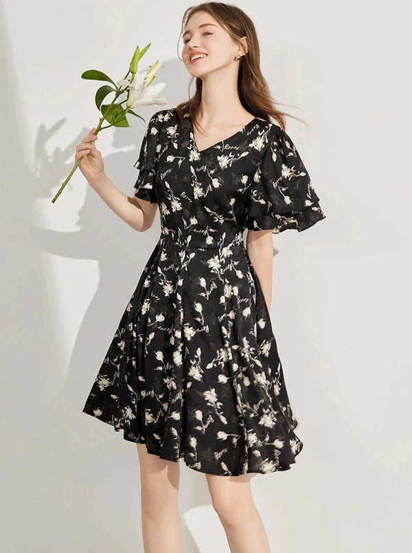 Ruffled Sleeve A-Line Dress
