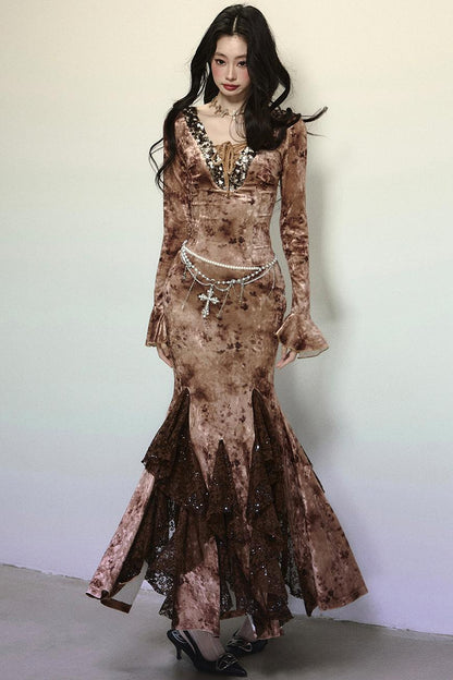 Deep V Mermaid Lace Dress