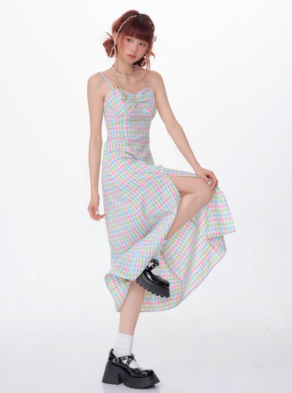 Slim Color Suspender Plaid Sleeveless Dress