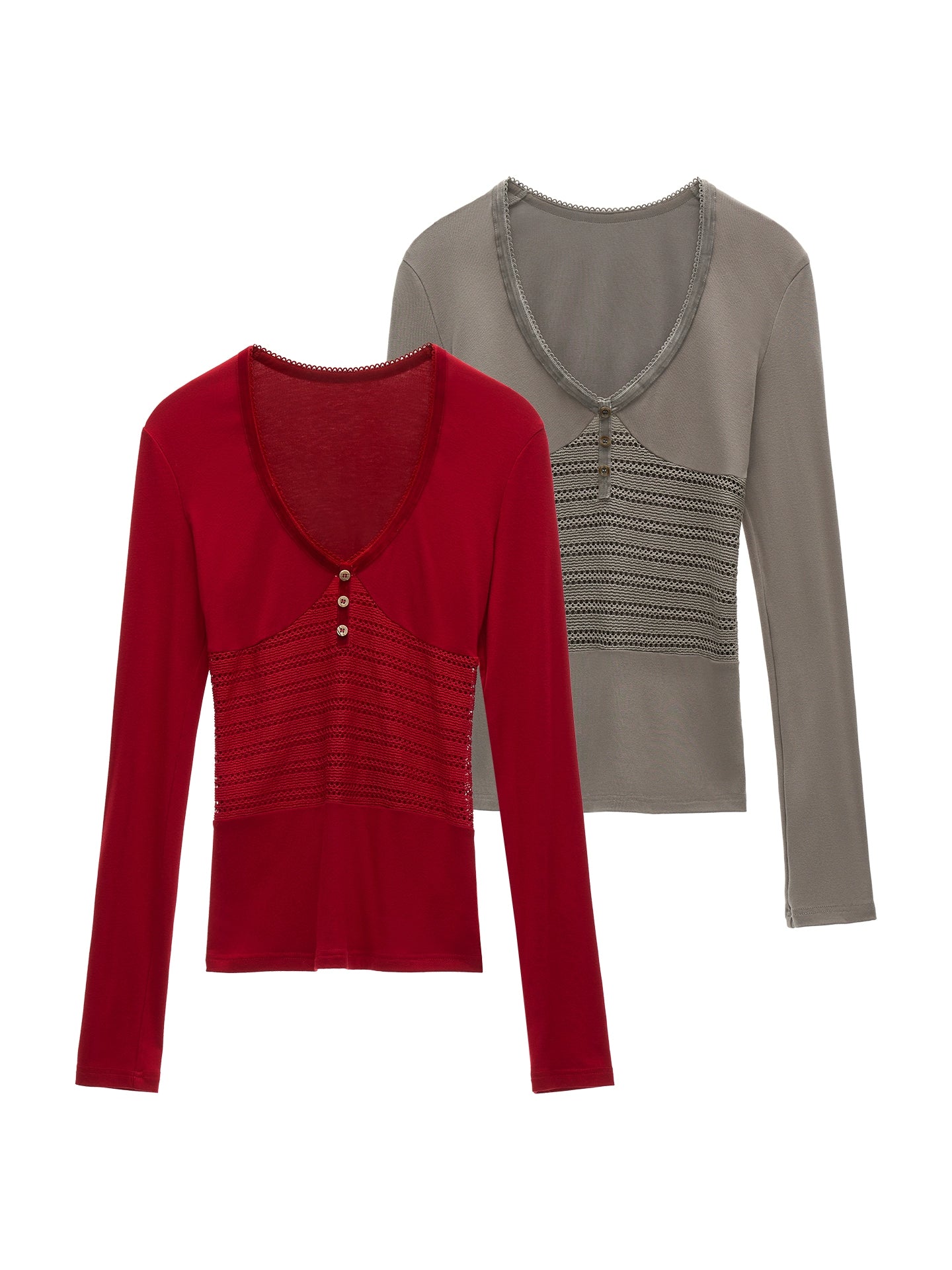 Patchwork V-Neck Long-Sleeved T-Shirt